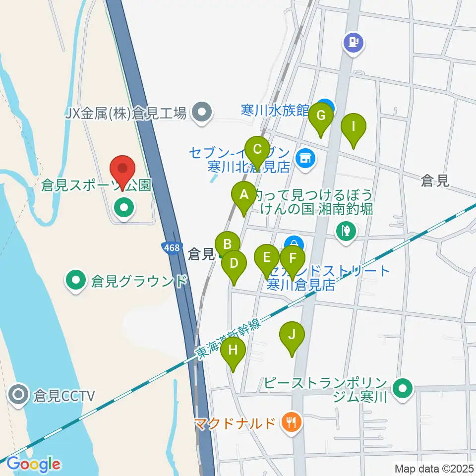倉見スポーツ公園野球場周辺のファミレス・ファーストフード一覧地図
