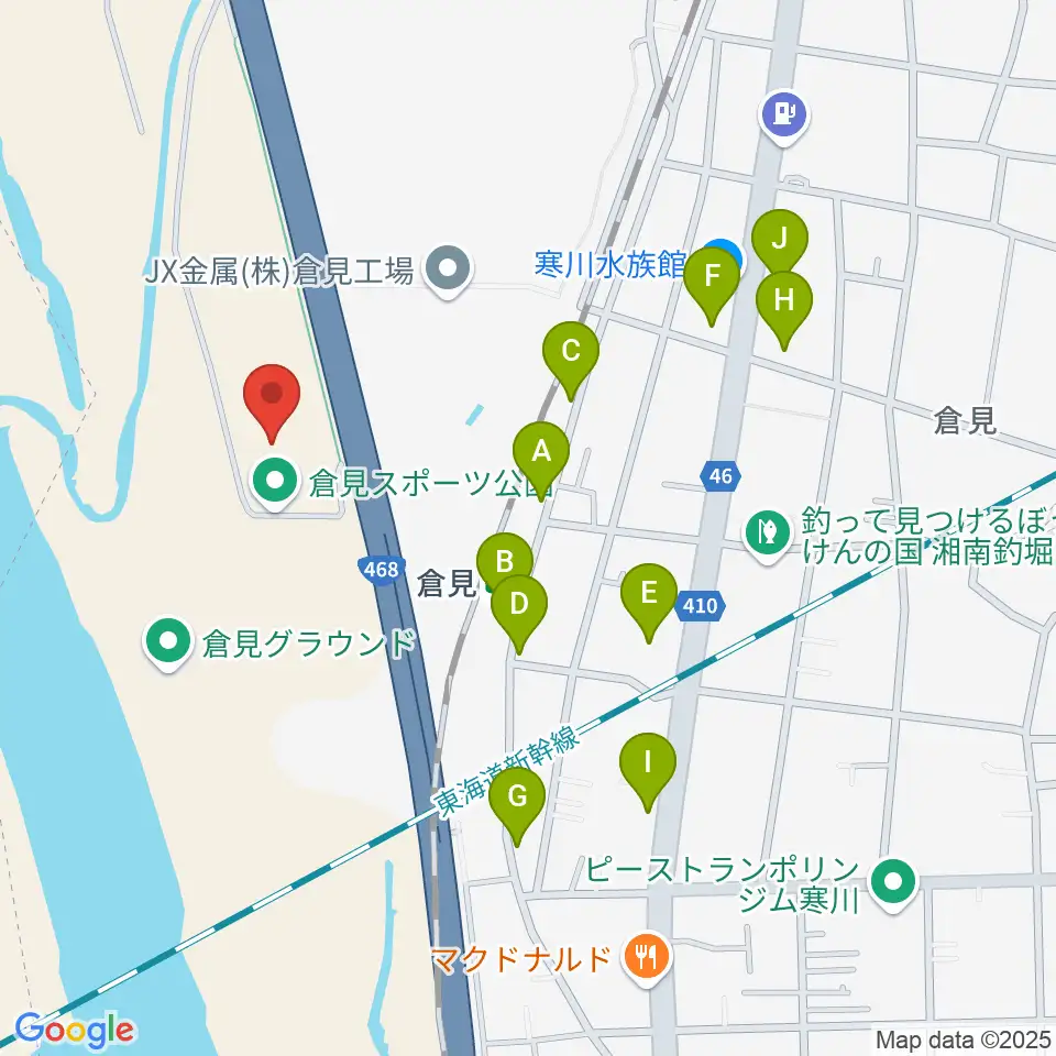 倉見スポーツ公園野球場周辺のファミレス・ファーストフード一覧地図