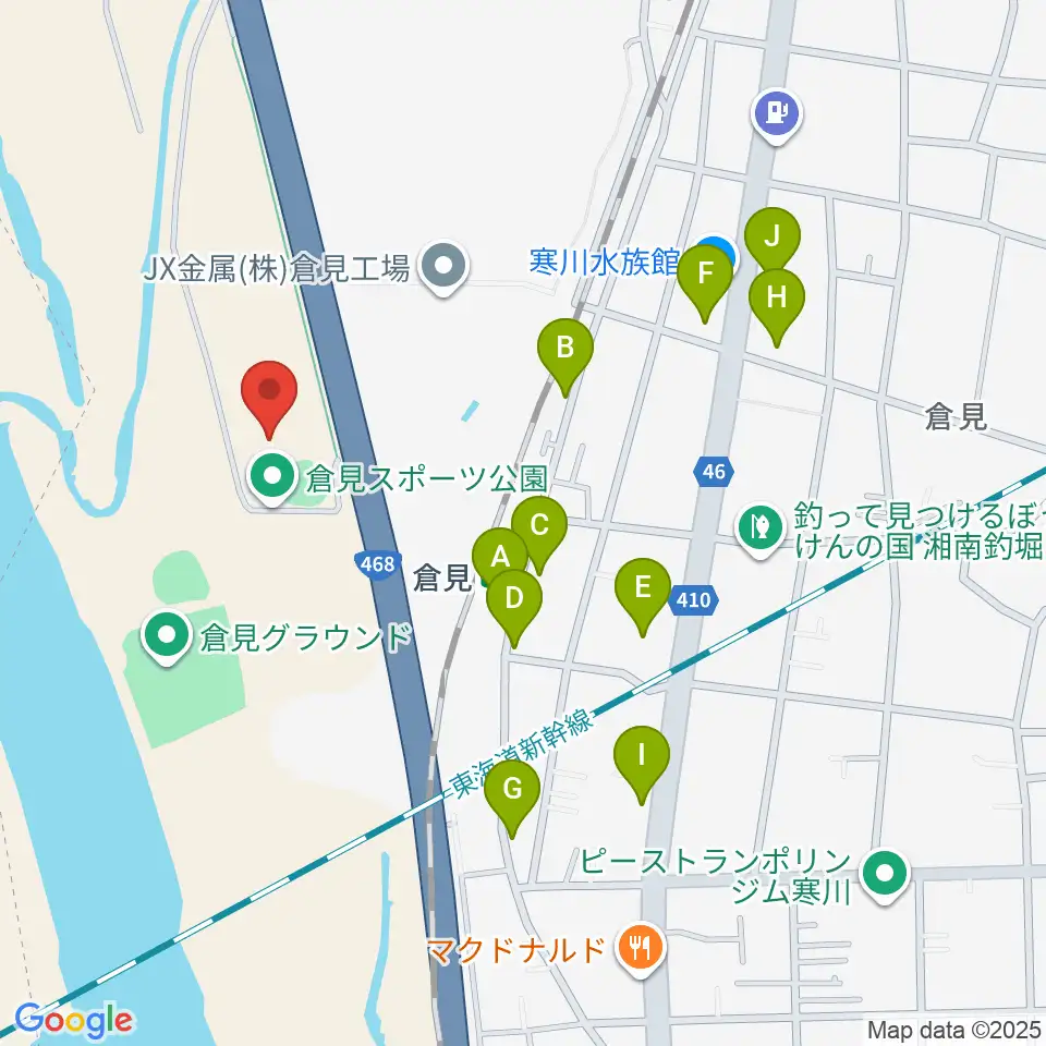 倉見スポーツ公園野球場周辺のファミレス・ファーストフード一覧地図