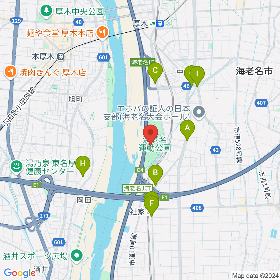 海老名運動公園多目的広場周辺のファミレス・ファーストフード一覧地図