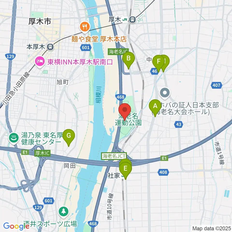 海老名運動公園多目的広場周辺のファミレス・ファーストフード一覧地図