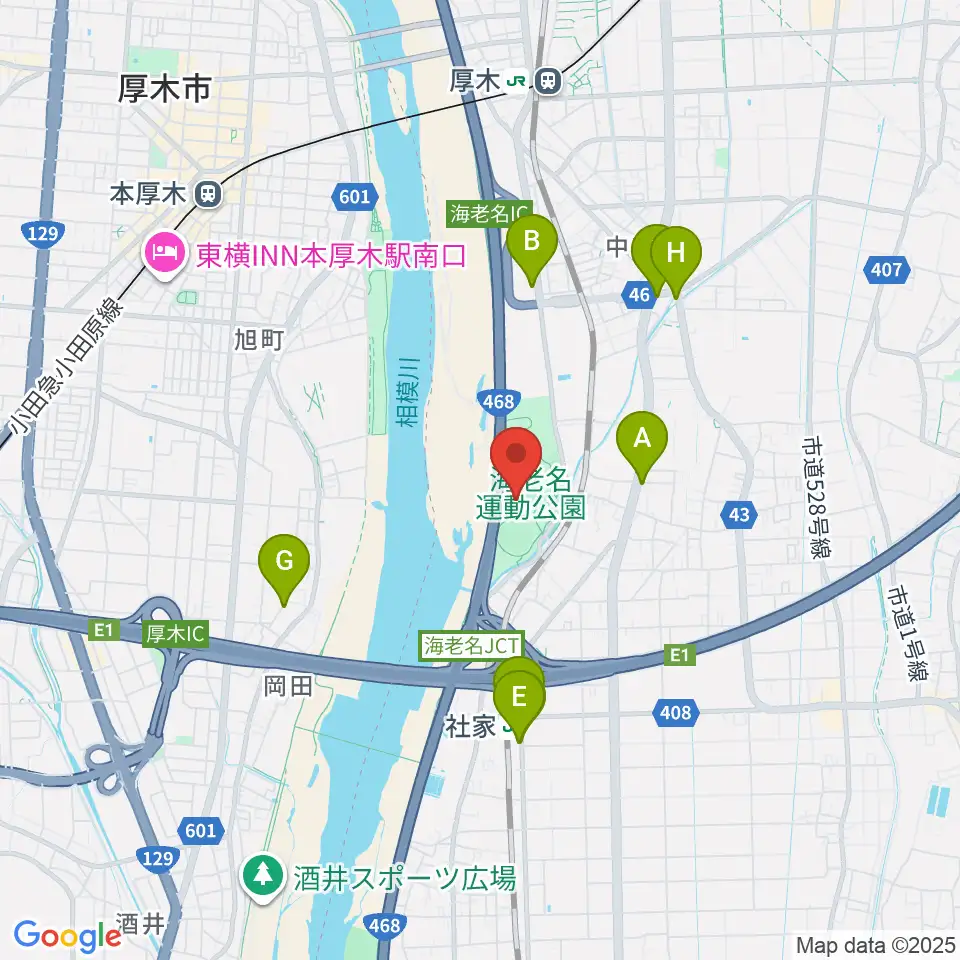 海老名運動公園多目的広場周辺のファミレス・ファーストフード一覧地図