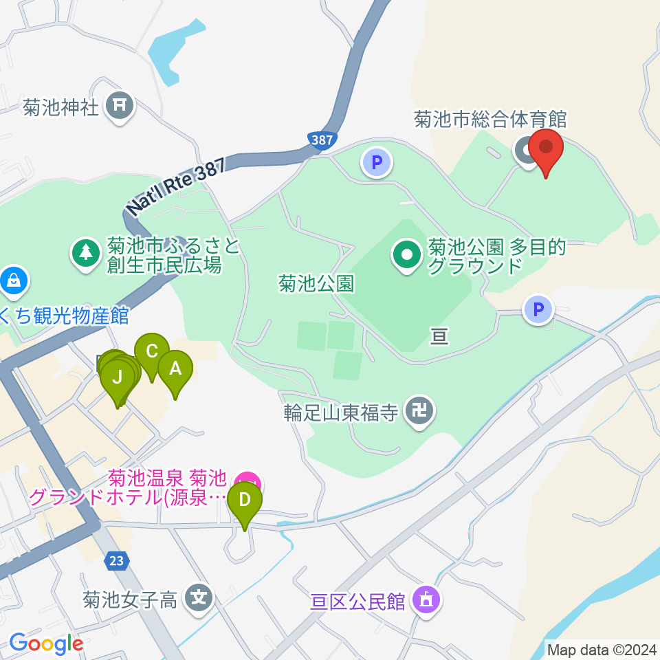 菊池市総合体育館周辺のファミレス・ファーストフード一覧地図