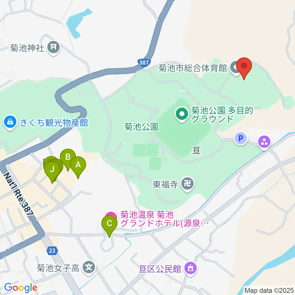 菊池市総合体育館周辺のファミレス・ファーストフード一覧地図