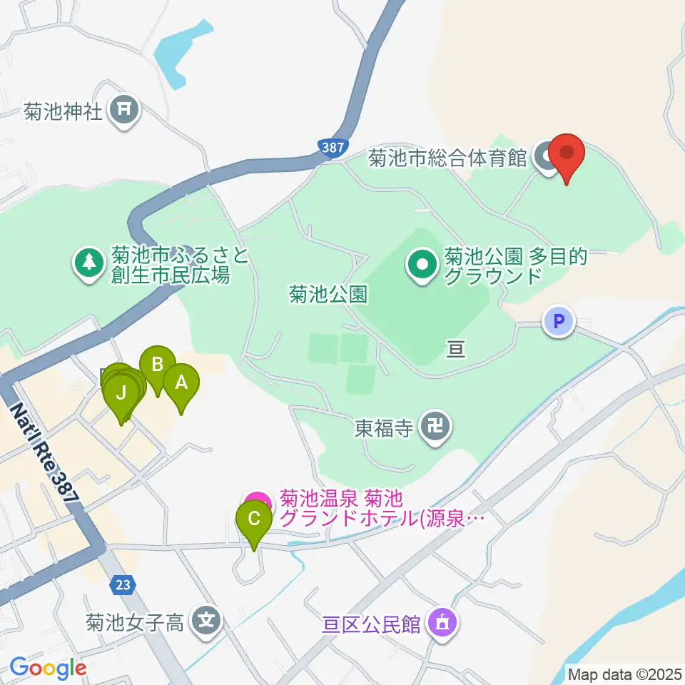 菊池市総合体育館周辺のファミレス・ファーストフード一覧地図