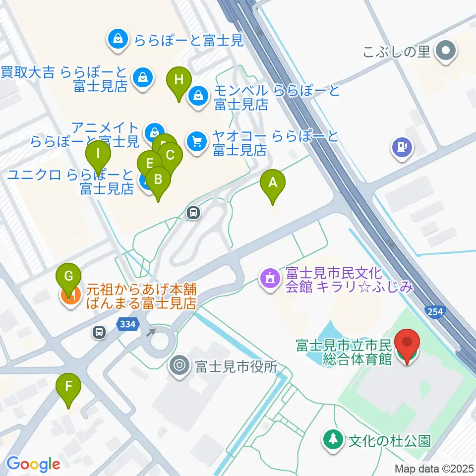 富士見市立市民総合体育館周辺のファミレス・ファーストフード一覧地図