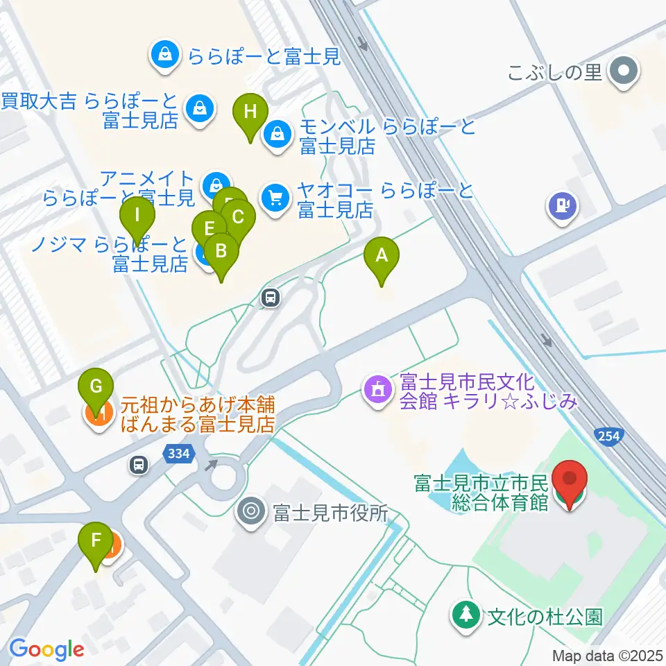 富士見市立市民総合体育館周辺のファミレス・ファーストフード一覧地図