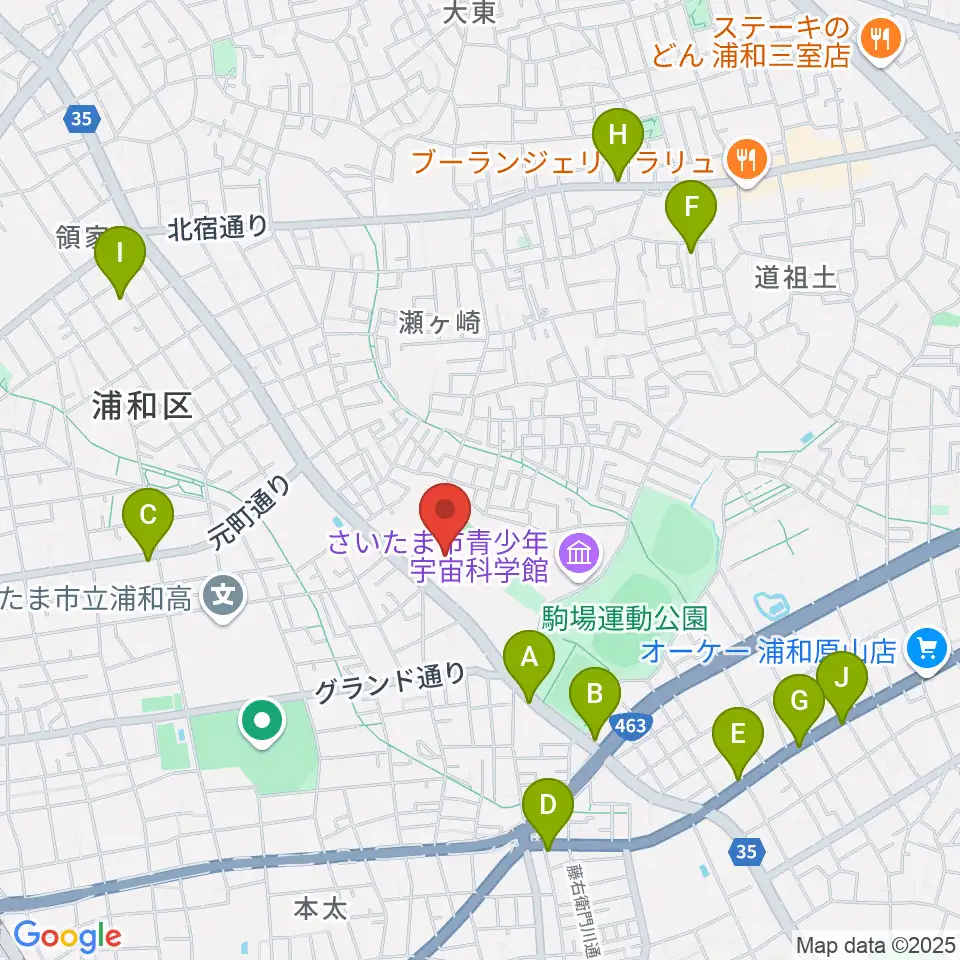 浦和駒場体育館周辺のファミレス・ファーストフード一覧地図