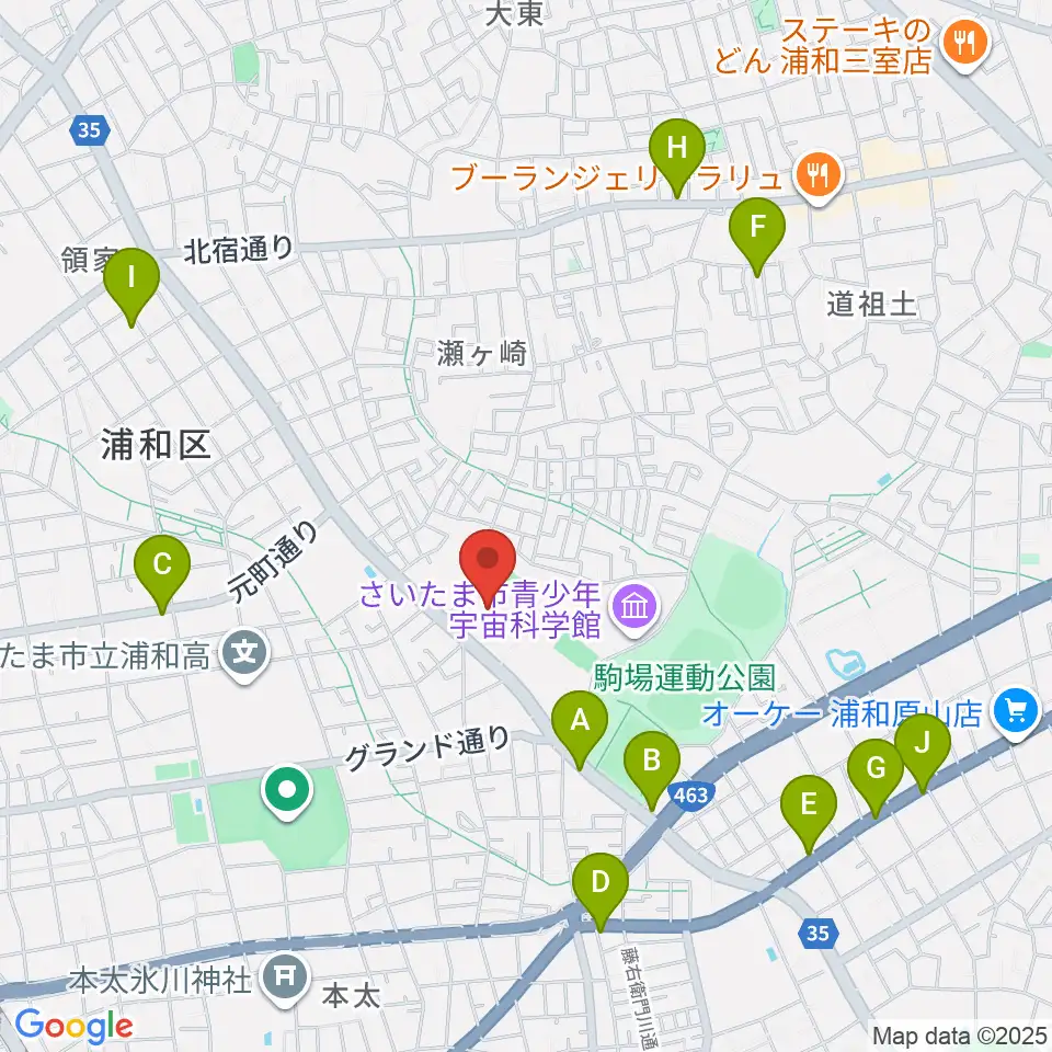 浦和駒場体育館周辺のファミレス・ファーストフード一覧地図