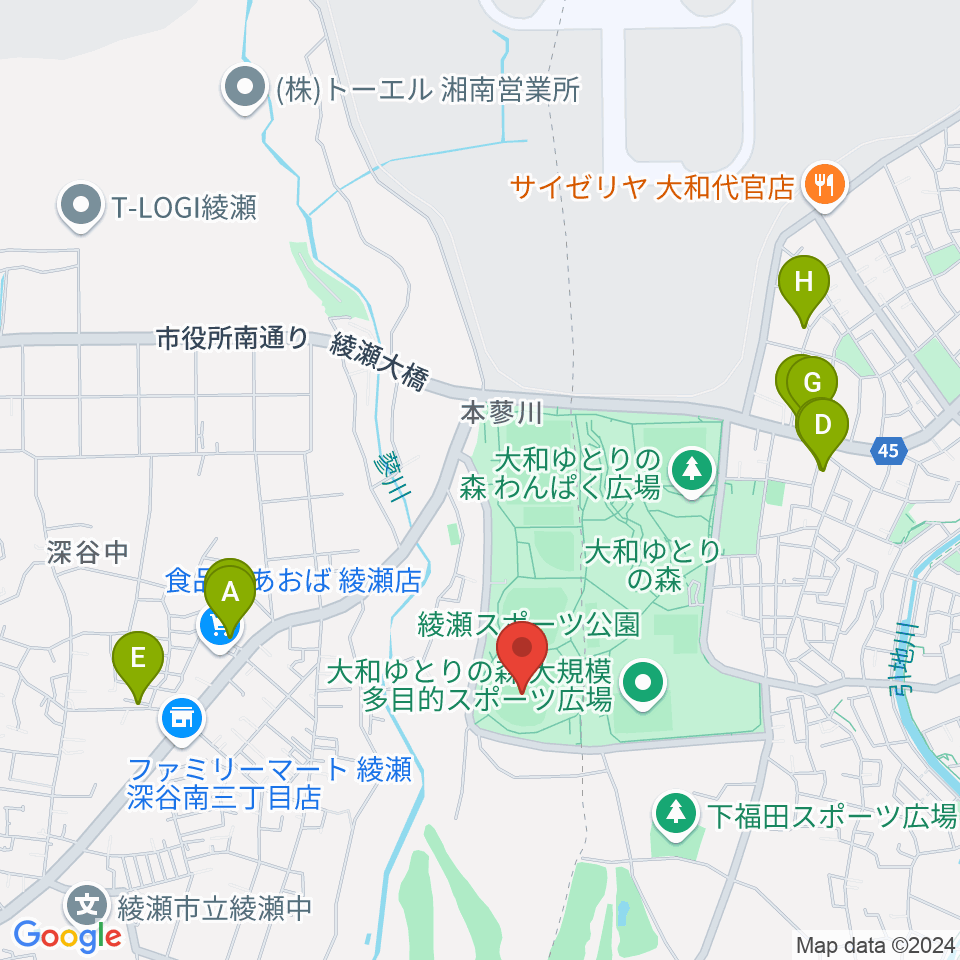 綾瀬スポーツ公園野球場周辺のファミレス・ファーストフード一覧地図