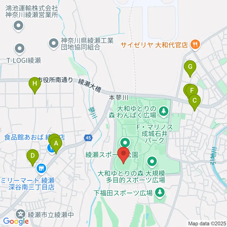 綾瀬スポーツ公園野球場周辺のファミレス・ファーストフード一覧地図