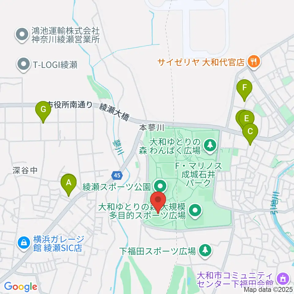 綾瀬スポーツ公園野球場周辺のファミレス・ファーストフード一覧地図