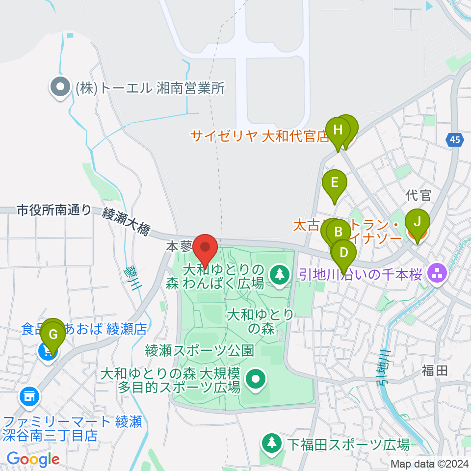 綾瀬スポーツ公園多目的広場周辺のファミレス・ファーストフード一覧地図