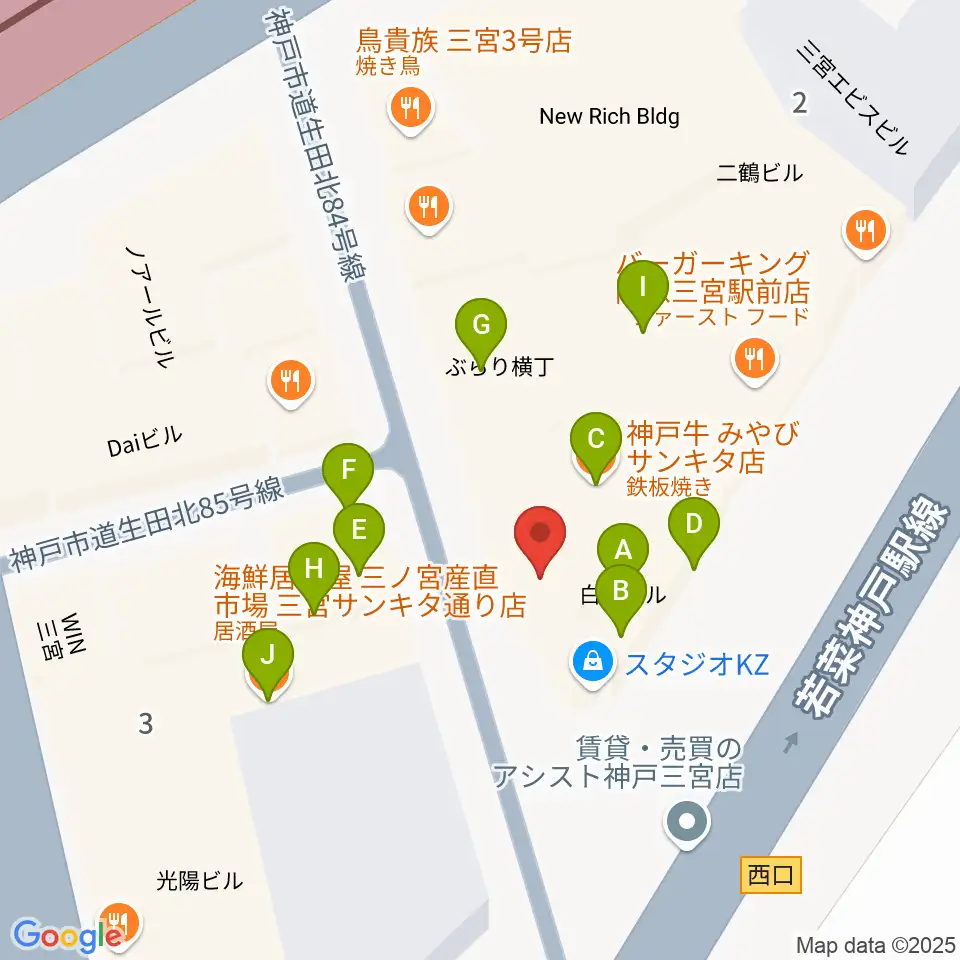 三宮スタジオKZ周辺のファミレス・ファーストフード一覧地図