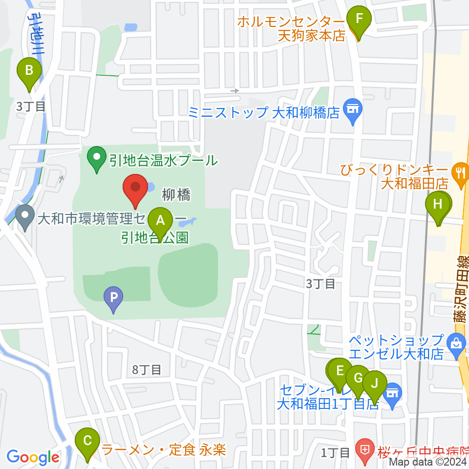 引地台公園野外音楽堂周辺のファミレス・ファーストフード一覧地図