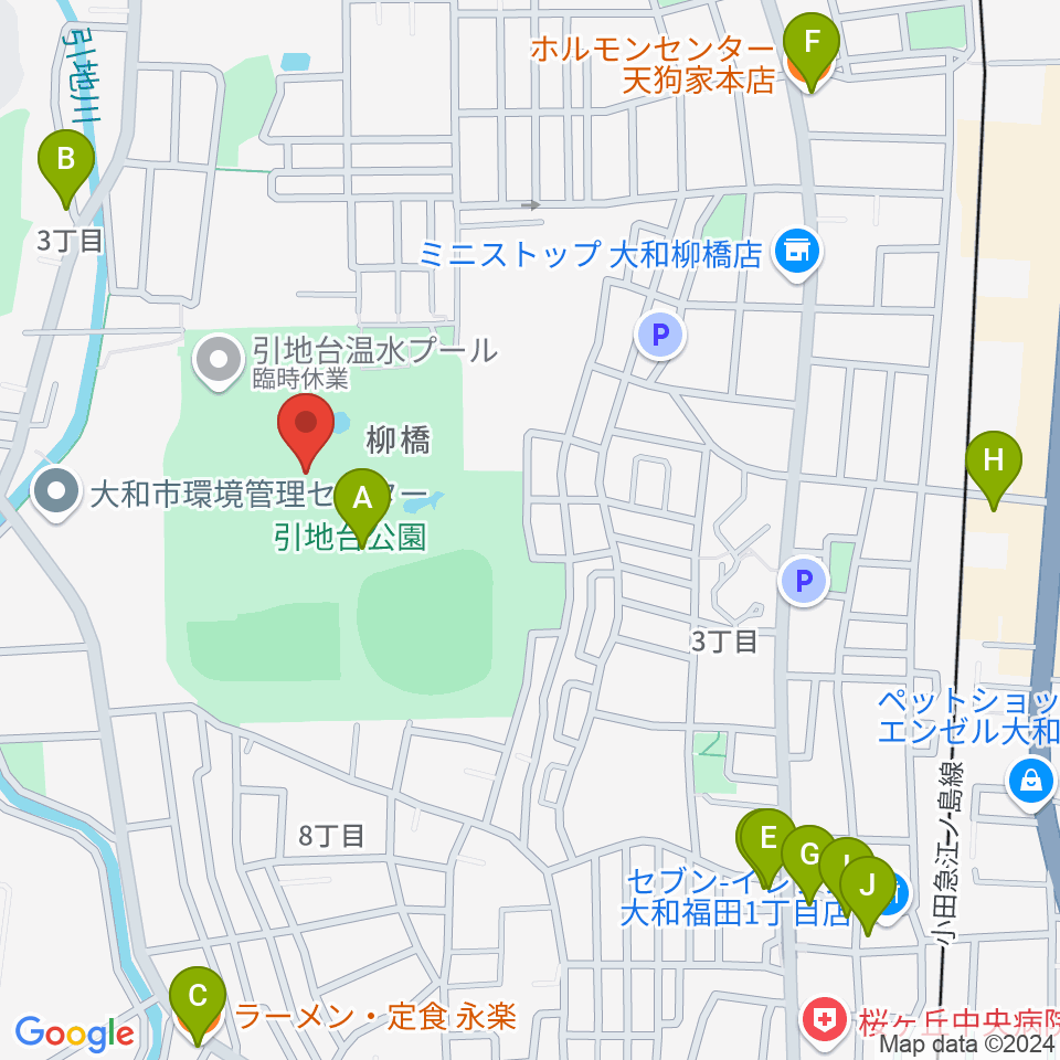 引地台公園野外音楽堂周辺のファミレス・ファーストフード一覧地図