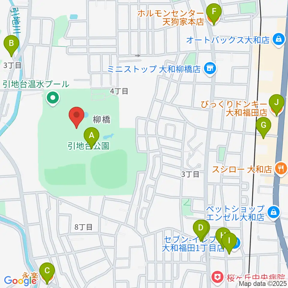 引地台公園野外音楽堂周辺のファミレス・ファーストフード一覧地図