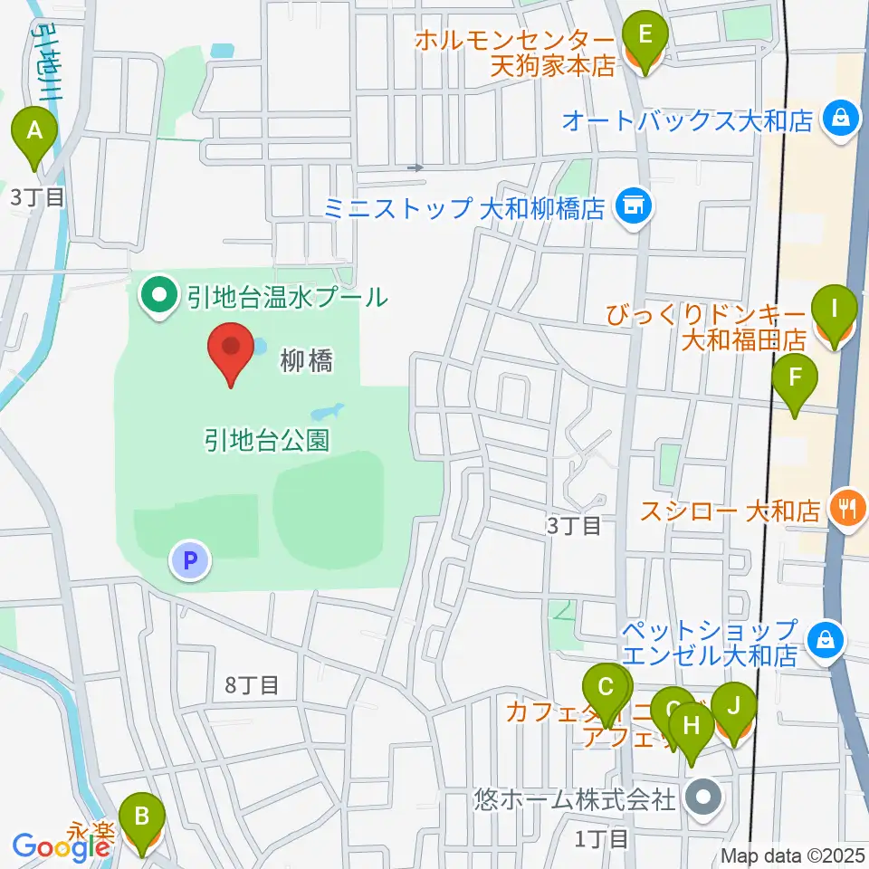 引地台公園野外音楽堂周辺のファミレス・ファーストフード一覧地図