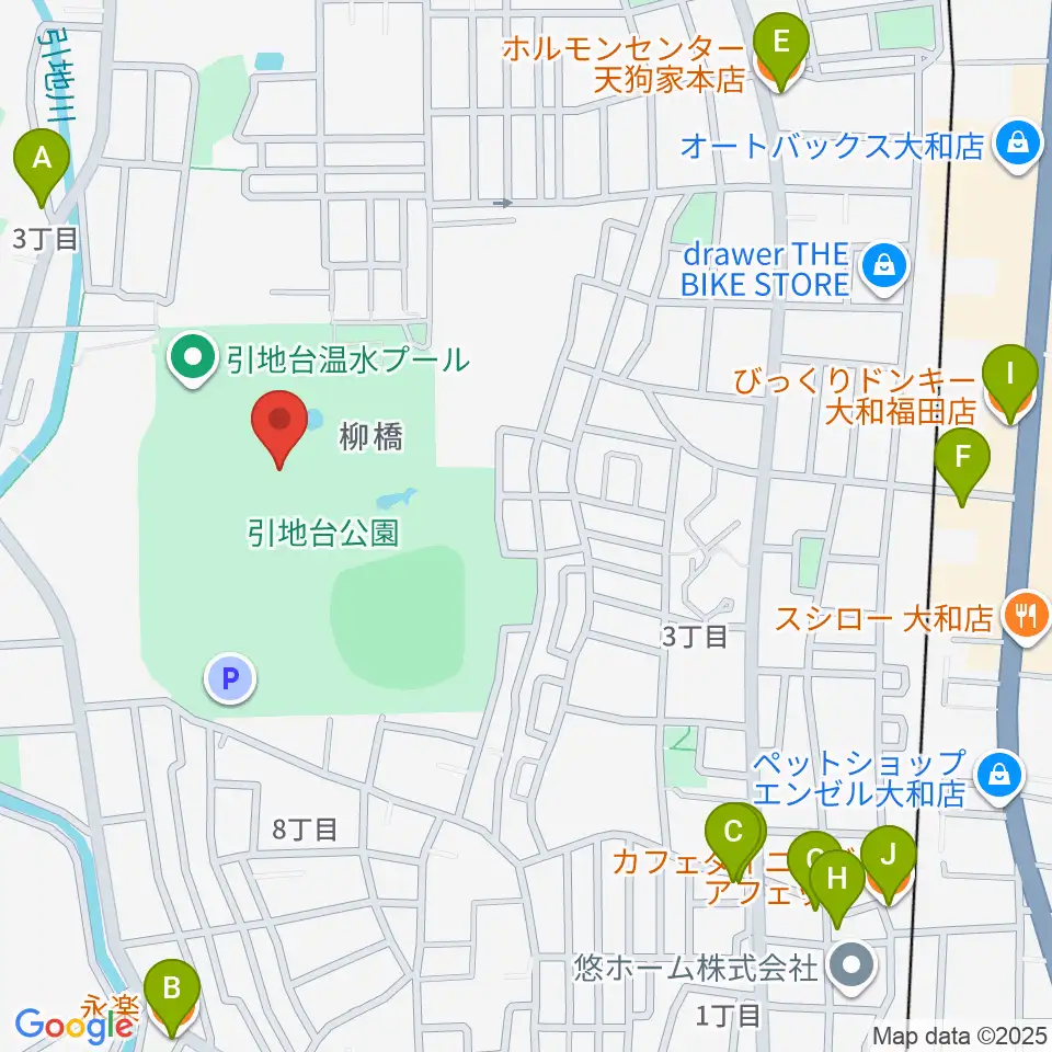 引地台公園野外音楽堂周辺のファミレス・ファーストフード一覧地図