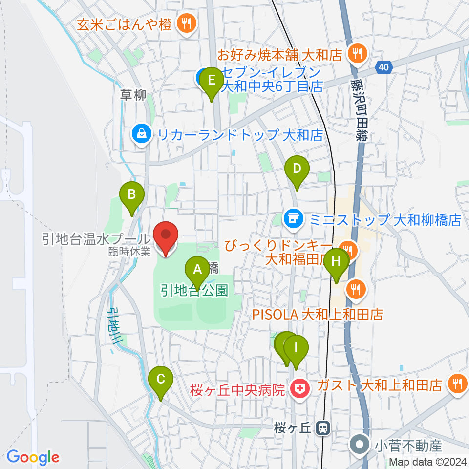 引地台温水プール周辺のファミレス・ファーストフード一覧地図