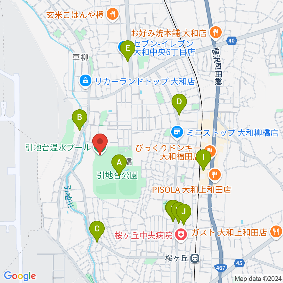 引地台温水プール周辺のファミレス・ファーストフード一覧地図