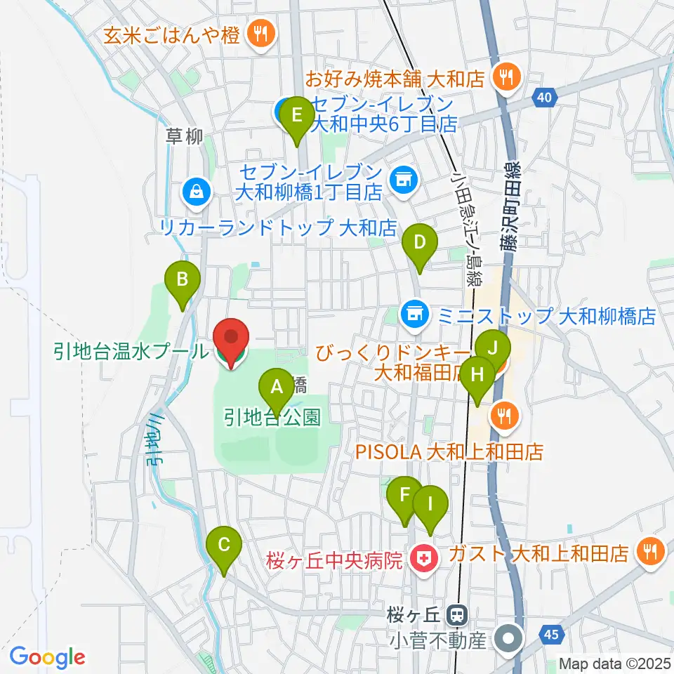 引地台温水プール周辺のファミレス・ファーストフード一覧地図