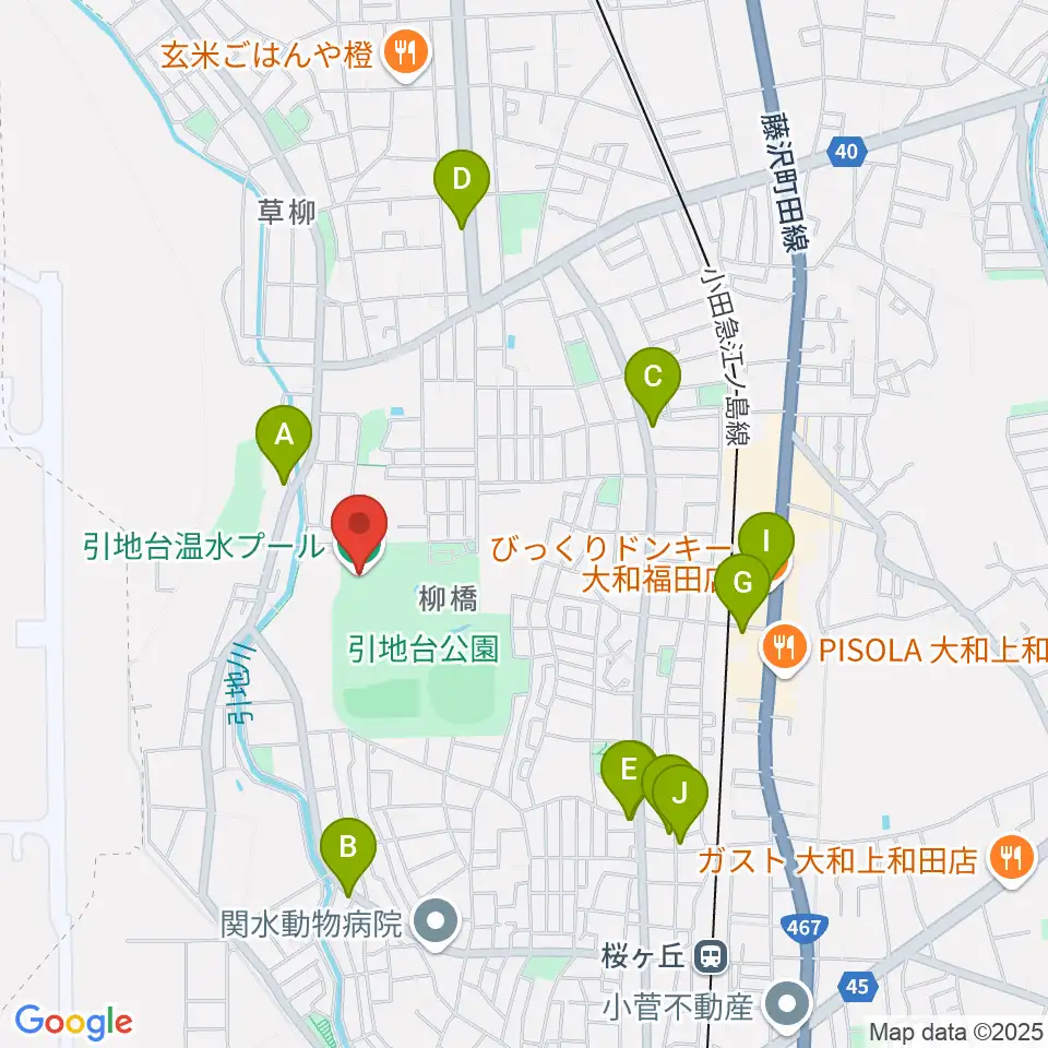 引地台温水プール周辺のファミレス・ファーストフード一覧地図