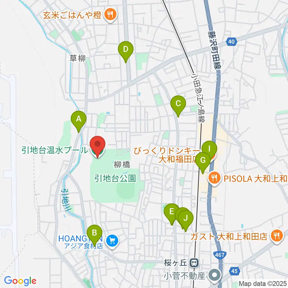 引地台温水プール周辺のファミレス・ファーストフード一覧地図