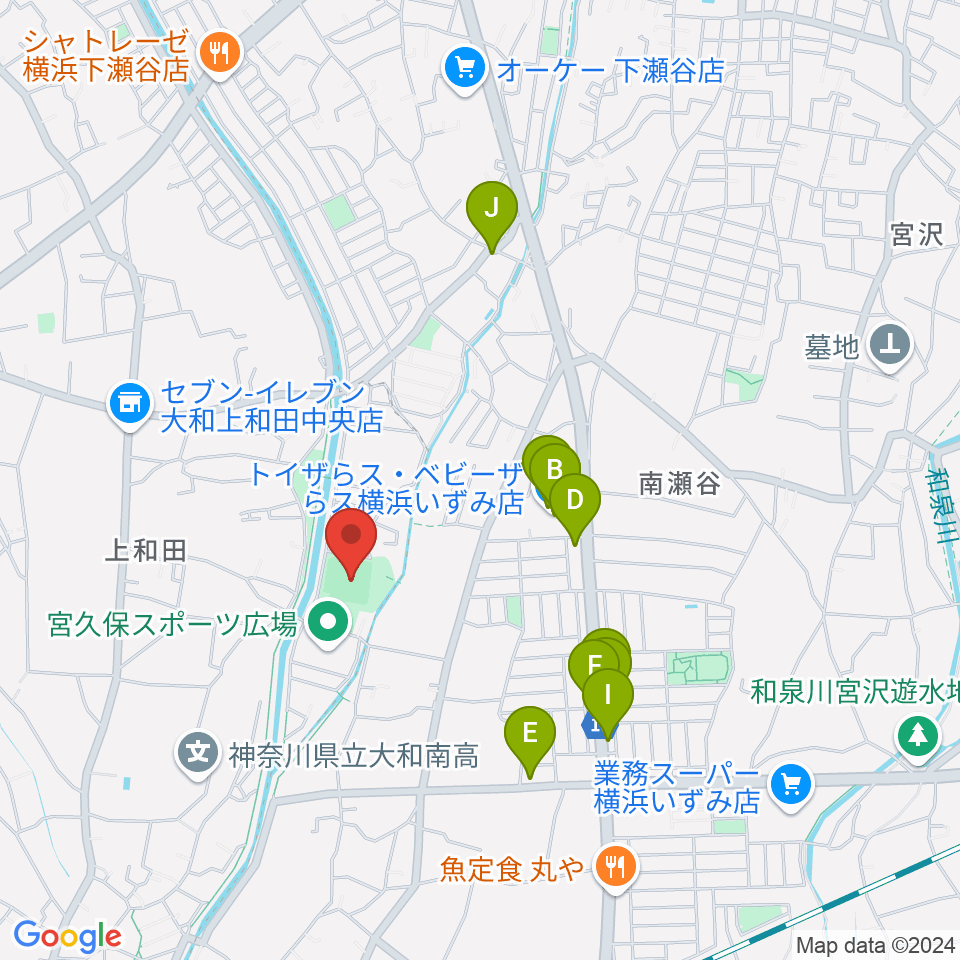 宮久保野球場周辺のファミレス・ファーストフード一覧地図