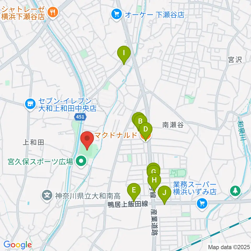 宮久保野球場周辺のファミレス・ファーストフード一覧地図