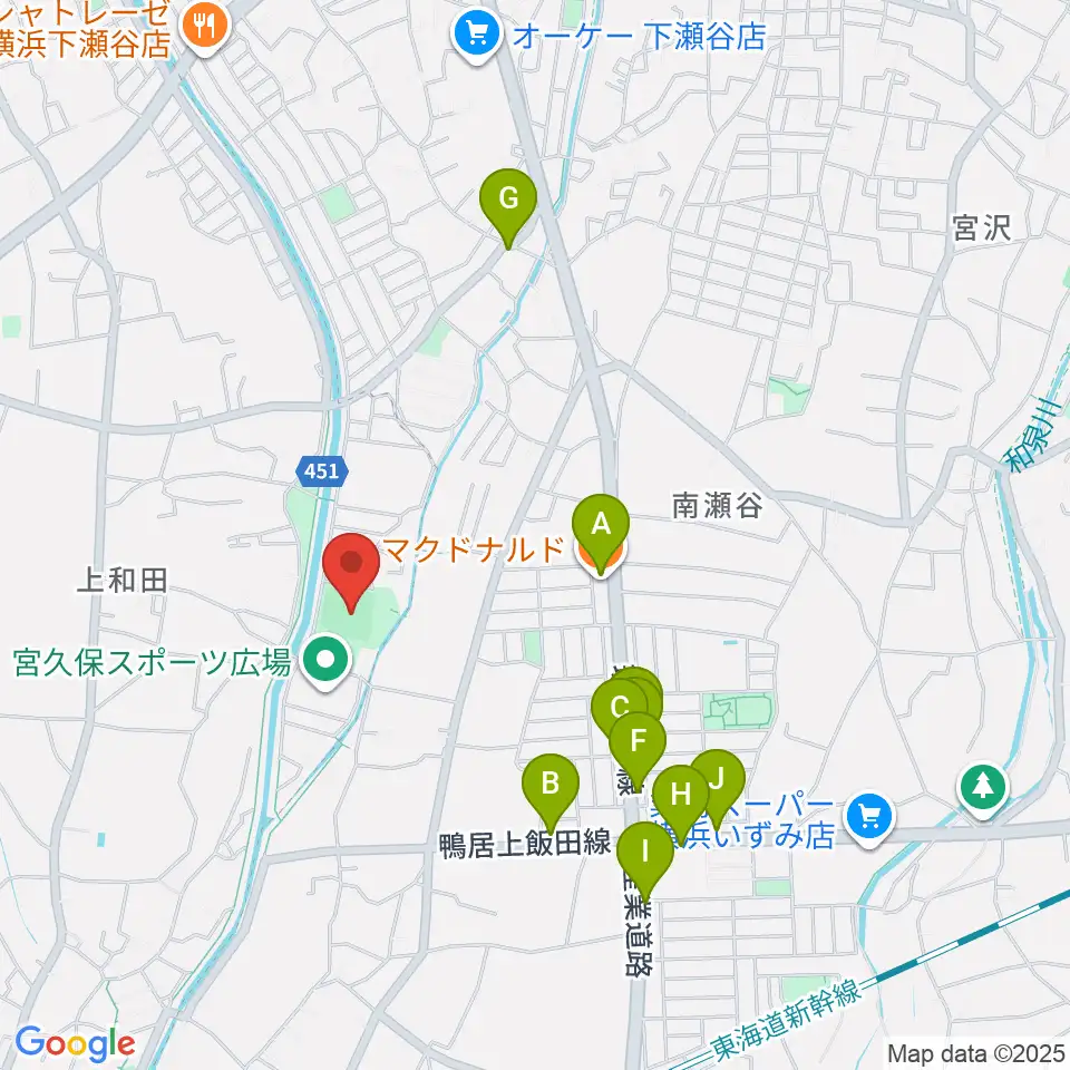 宮久保野球場周辺のファミレス・ファーストフード一覧地図