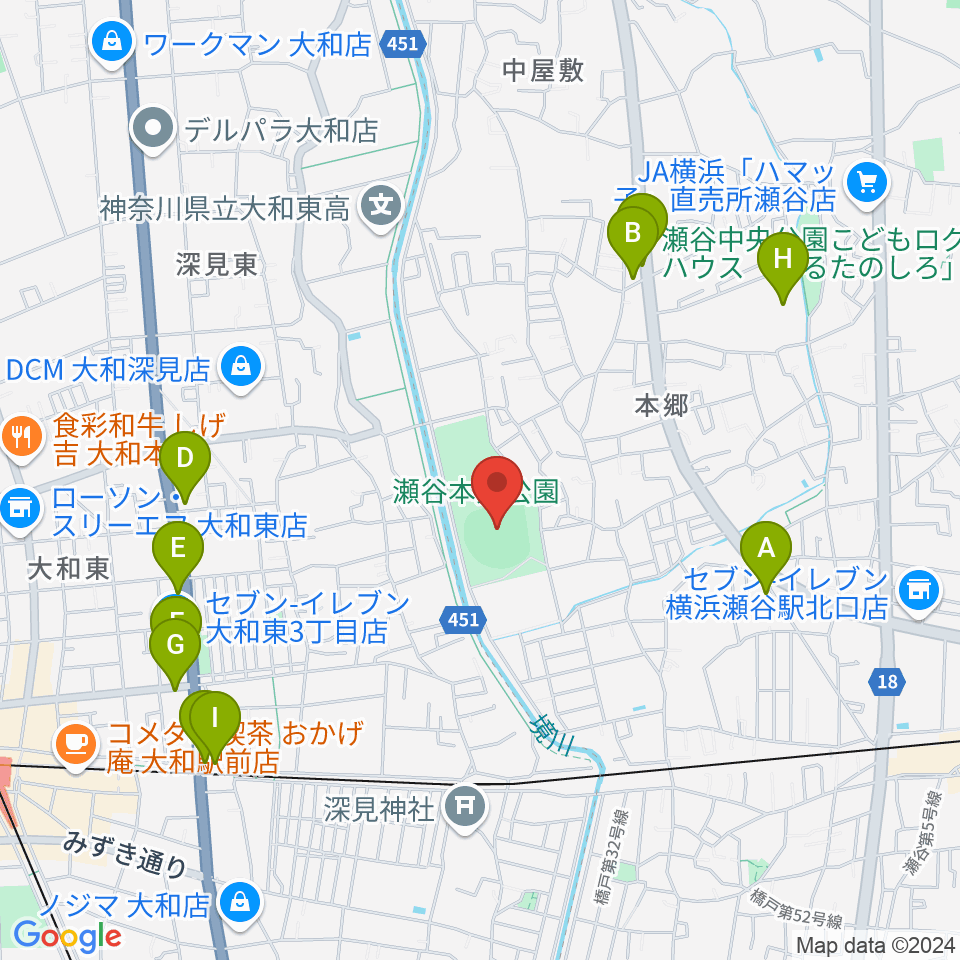 瀬谷本郷公園野球場周辺のファミレス・ファーストフード一覧地図