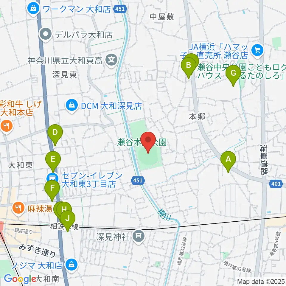 瀬谷本郷公園野球場周辺のファミレス・ファーストフード一覧地図
