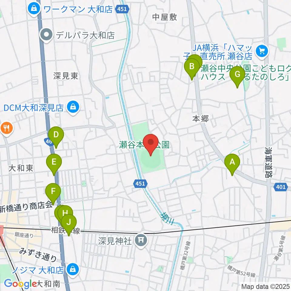 瀬谷本郷公園野球場周辺のファミレス・ファーストフード一覧地図