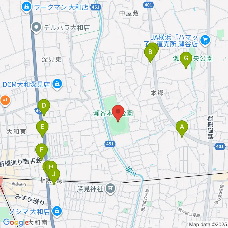 瀬谷本郷公園野球場周辺のファミレス・ファーストフード一覧地図