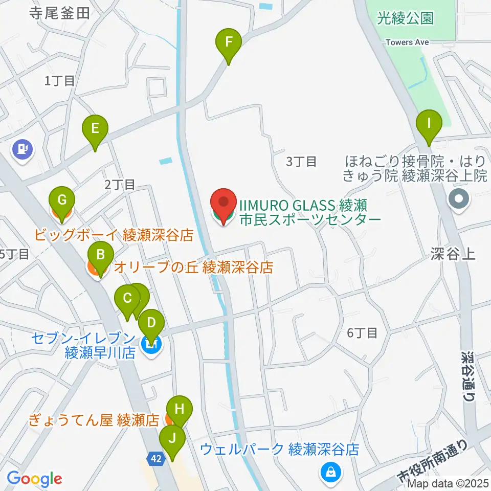 IIMURO GLASS綾瀬市民スポーツセンター体育館周辺のファミレス・ファーストフード一覧地図