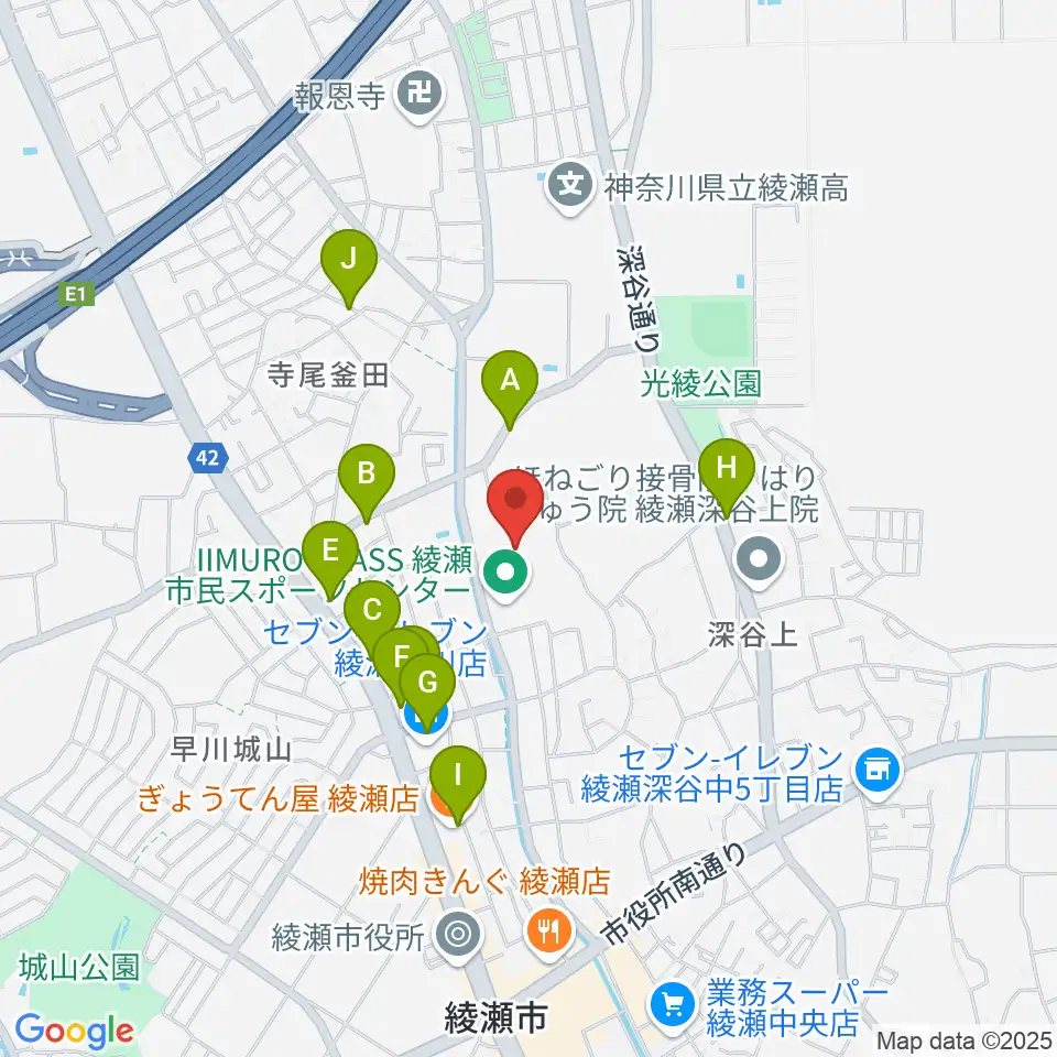 IIMURO GLASS綾瀬市民スポーツセンター陸上競技場周辺のファミレス・ファーストフード一覧地図