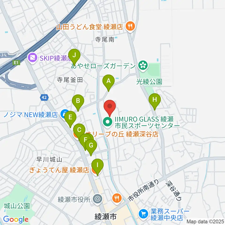 IIMURO GLASS綾瀬市民スポーツセンター陸上競技場周辺のファミレス・ファーストフード一覧地図