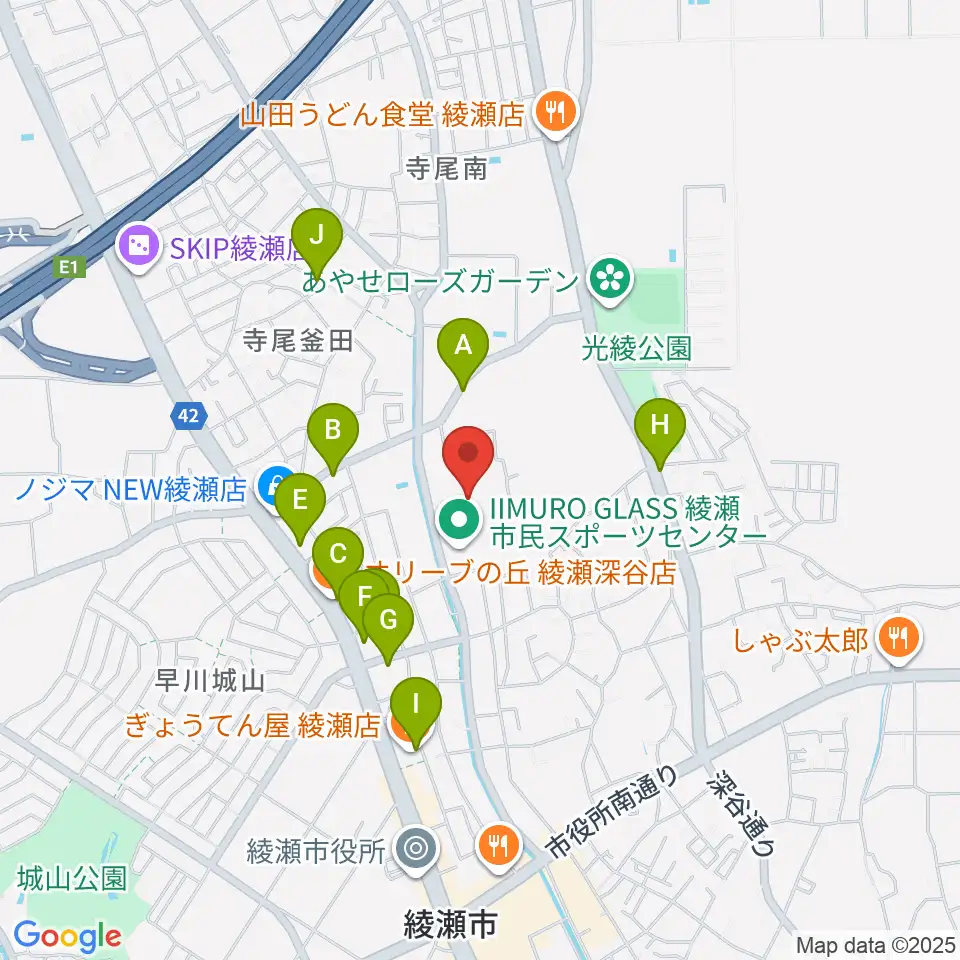 IIMURO GLASS綾瀬市民スポーツセンター陸上競技場周辺のファミレス・ファーストフード一覧地図