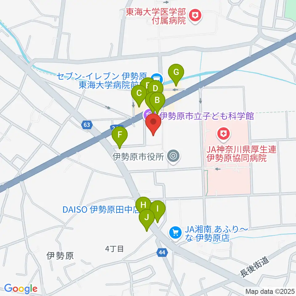 伊勢原市立子ども科学館周辺のファミレス・ファーストフード一覧地図