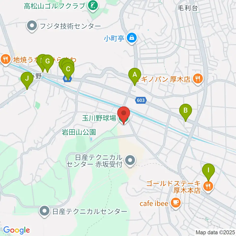 厚木市営玉川野球場周辺のファミレス・ファーストフード一覧地図