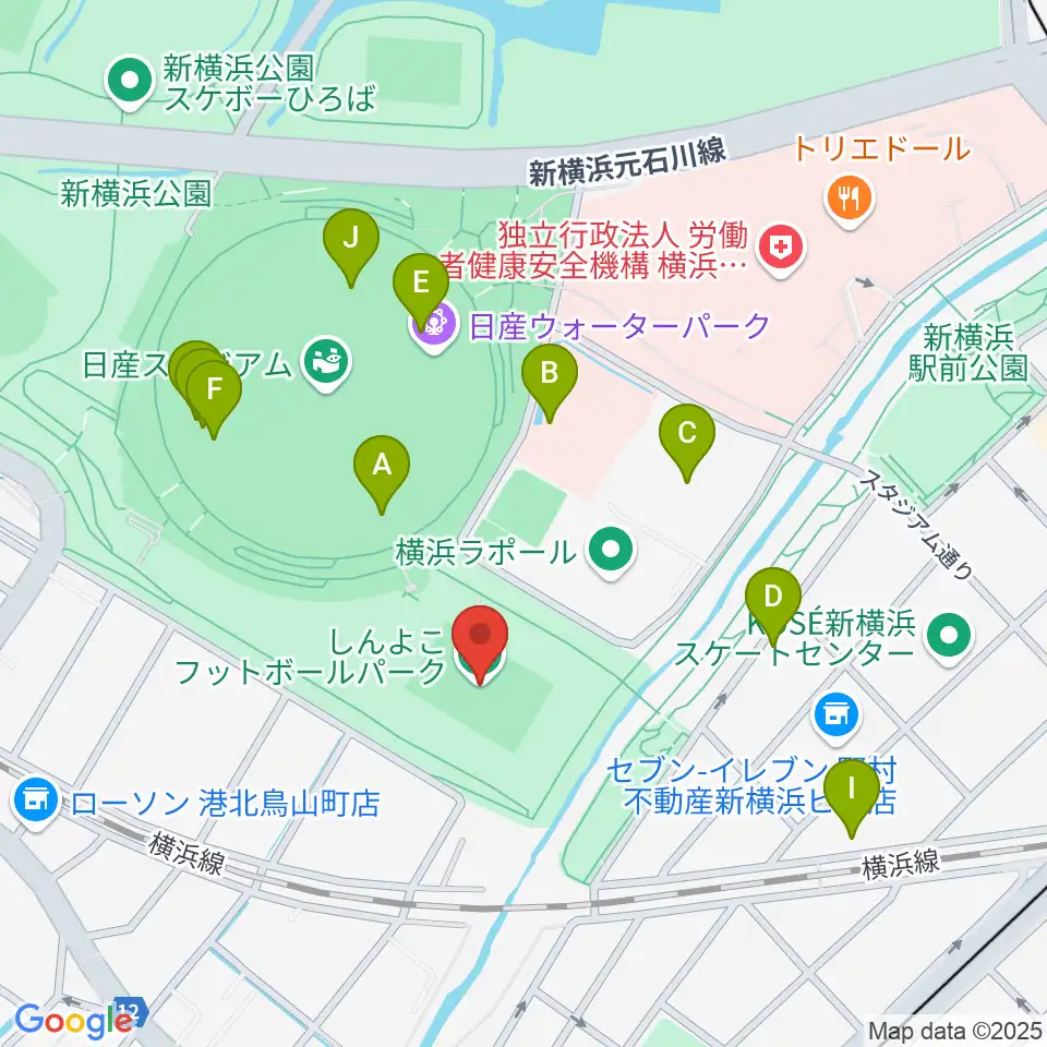 しんよこフットボールパーク周辺のファミレス・ファーストフード一覧地図