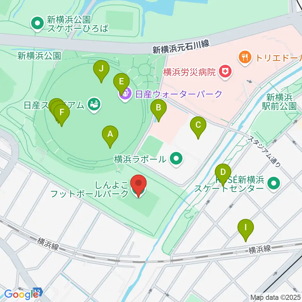 しんよこフットボールパーク周辺のファミレス・ファーストフード一覧地図