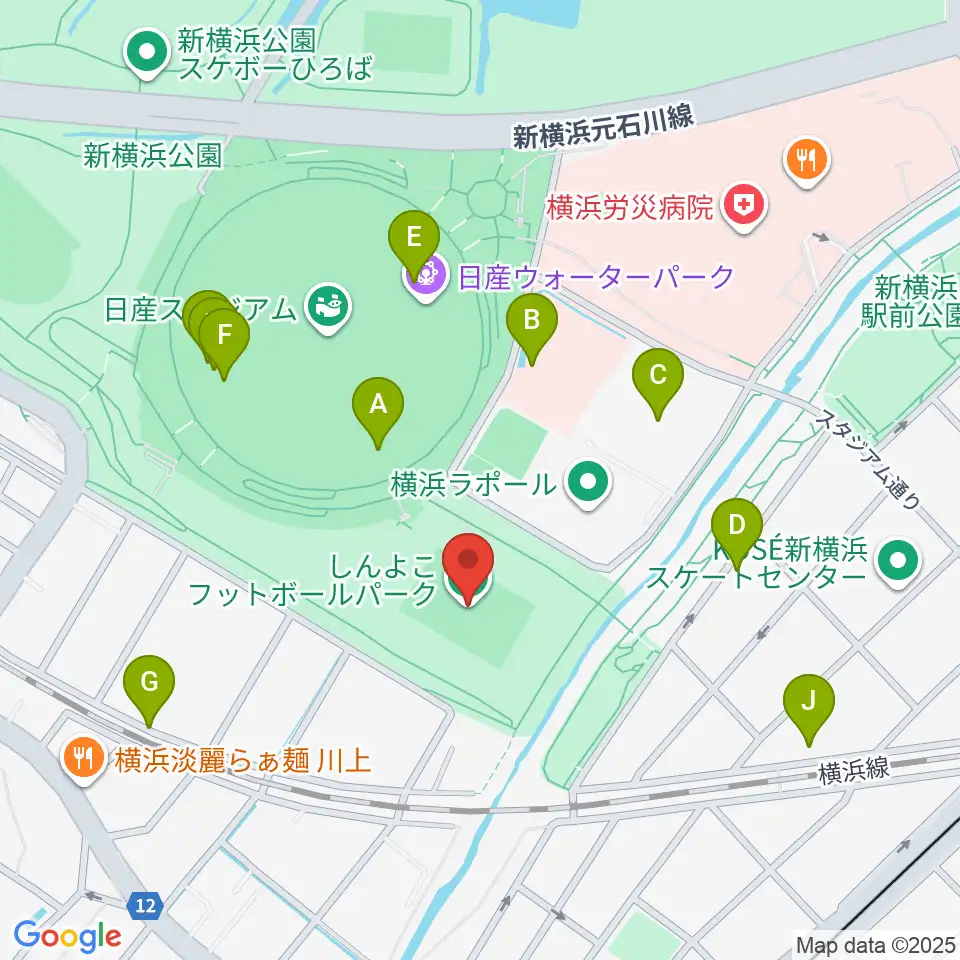 しんよこフットボールパーク周辺のファミレス・ファーストフード一覧地図