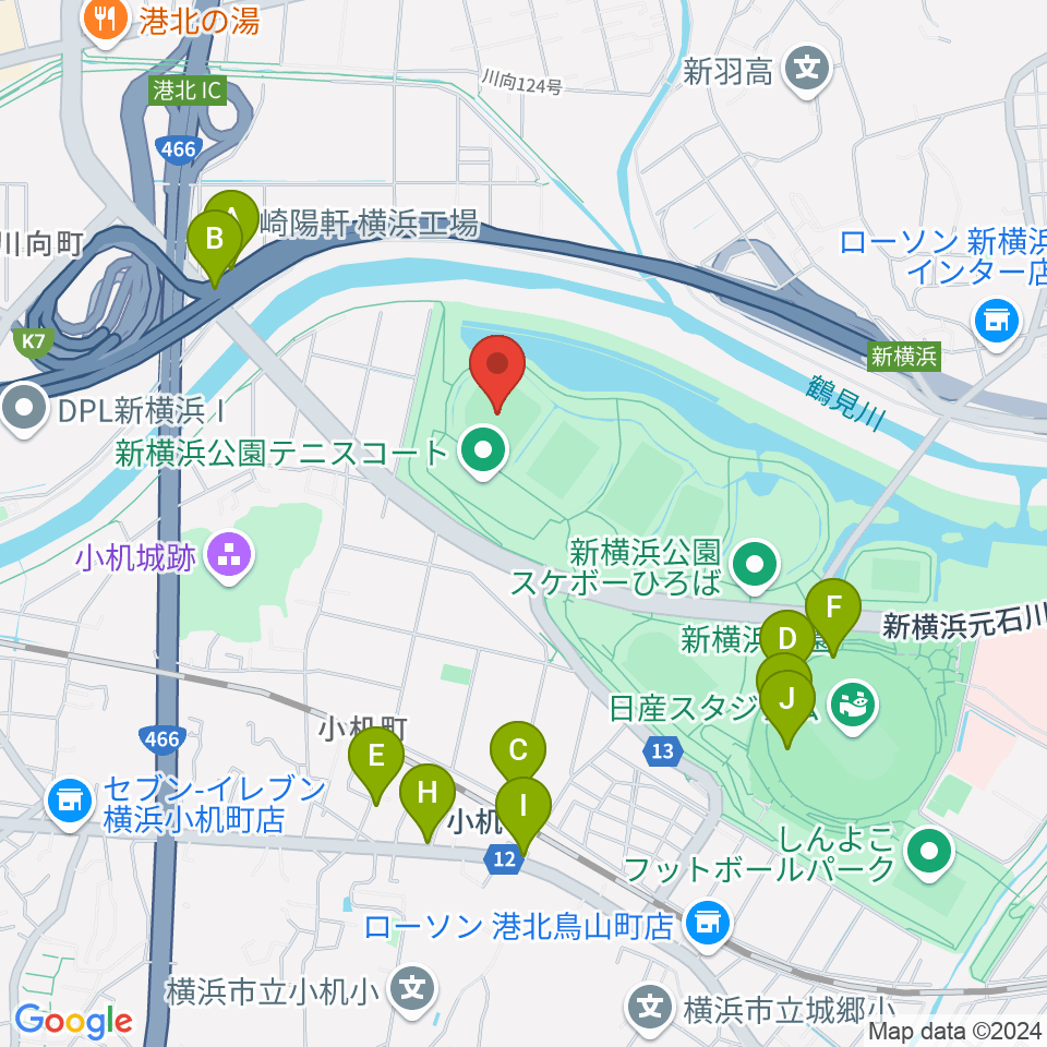  新横浜公園野球場周辺のファミレス・ファーストフード一覧地図