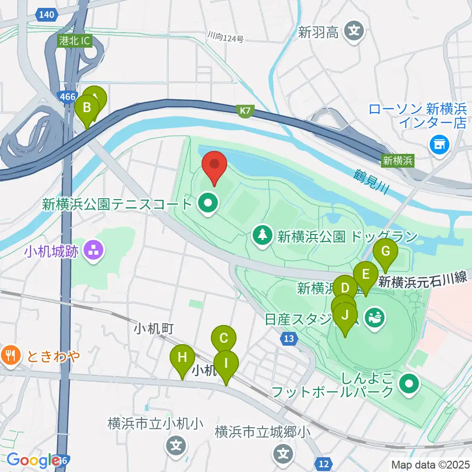  新横浜公園野球場周辺のファミレス・ファーストフード一覧地図