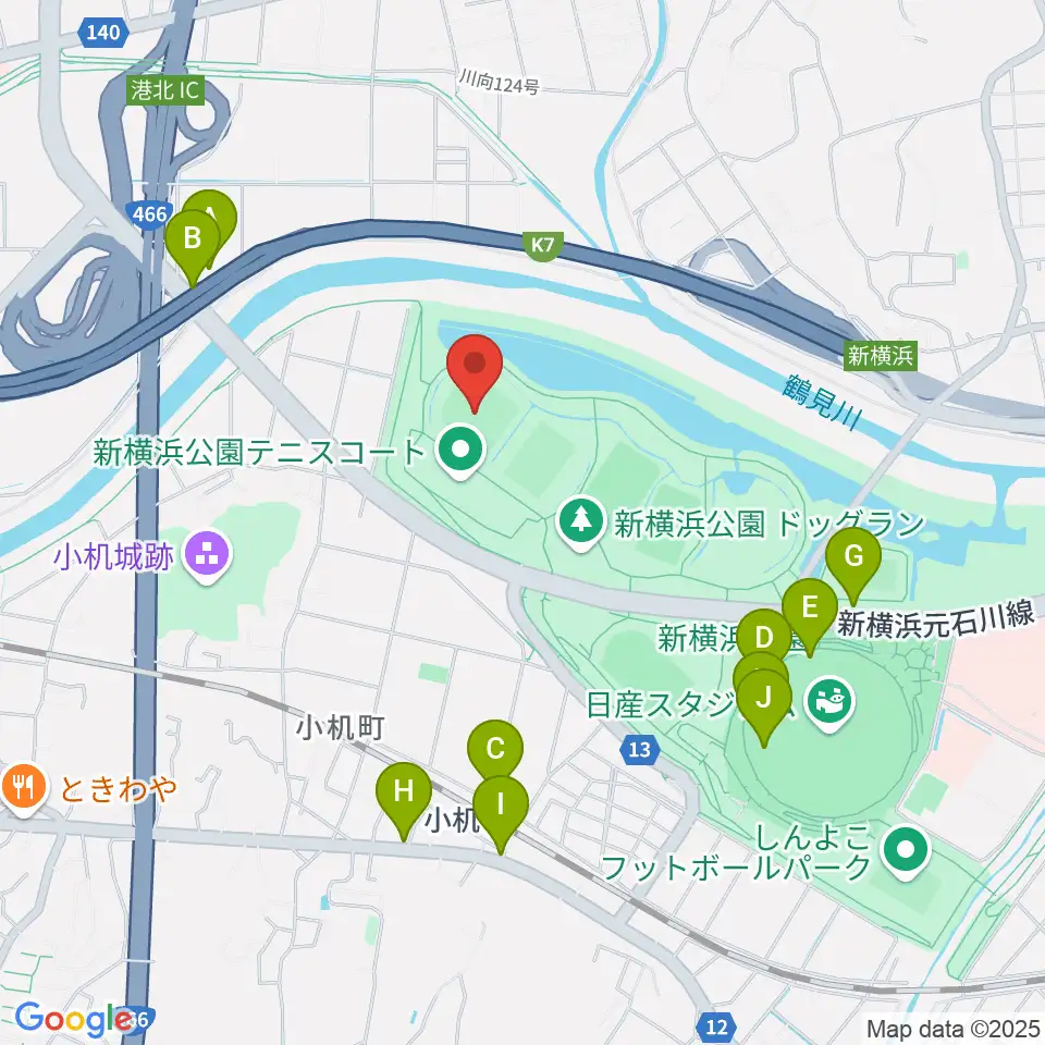  新横浜公園野球場周辺のファミレス・ファーストフード一覧地図