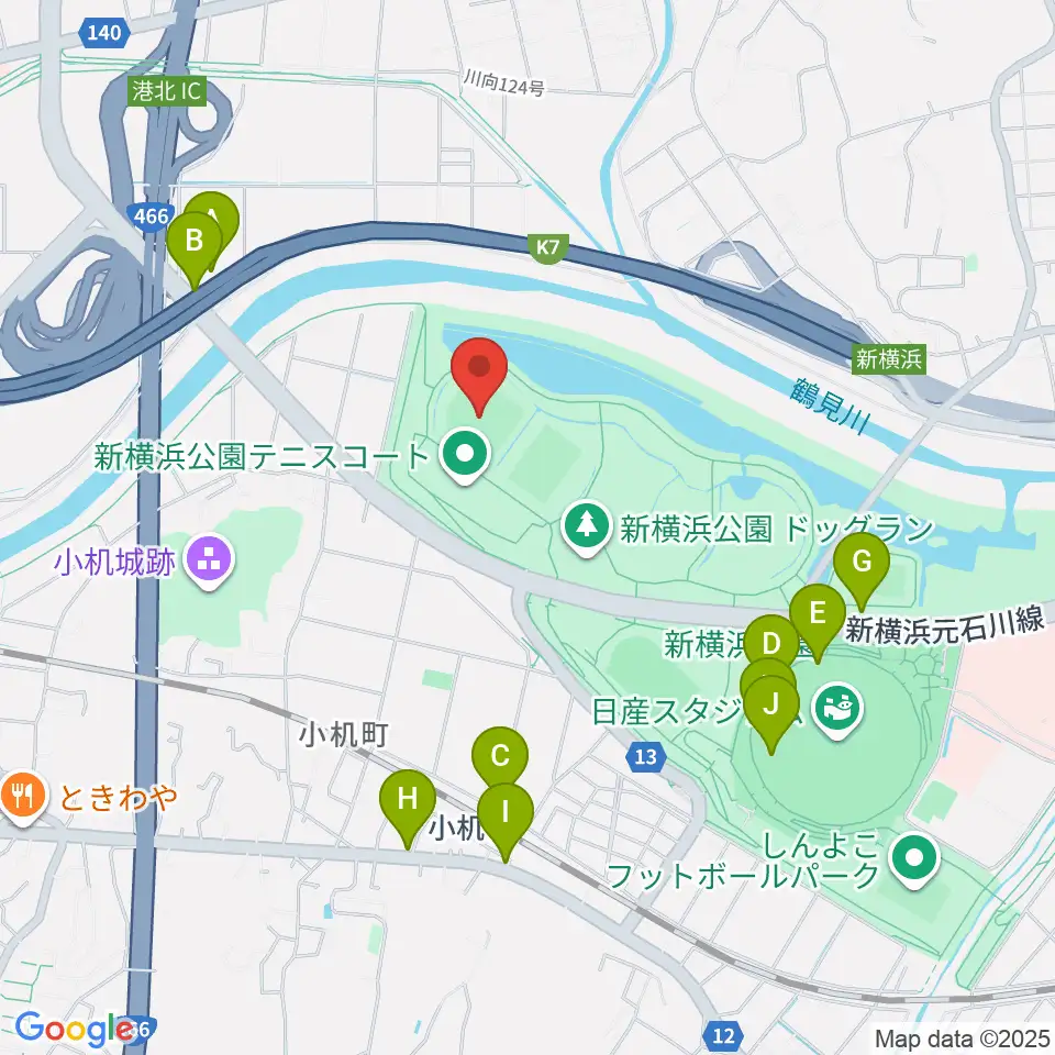  新横浜公園野球場周辺のファミレス・ファーストフード一覧地図