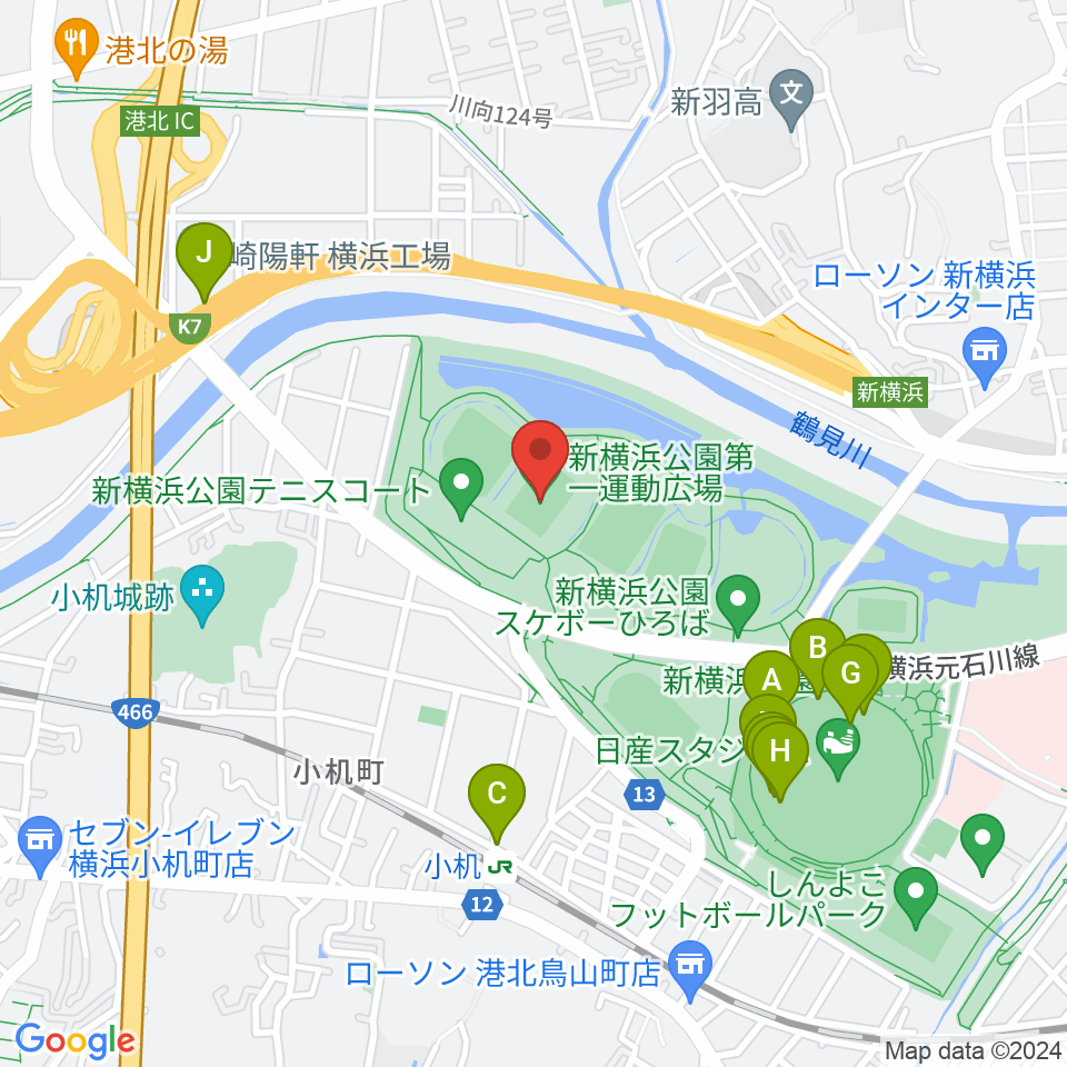  新横浜公園第1運動広場周辺のファミレス・ファーストフード一覧地図