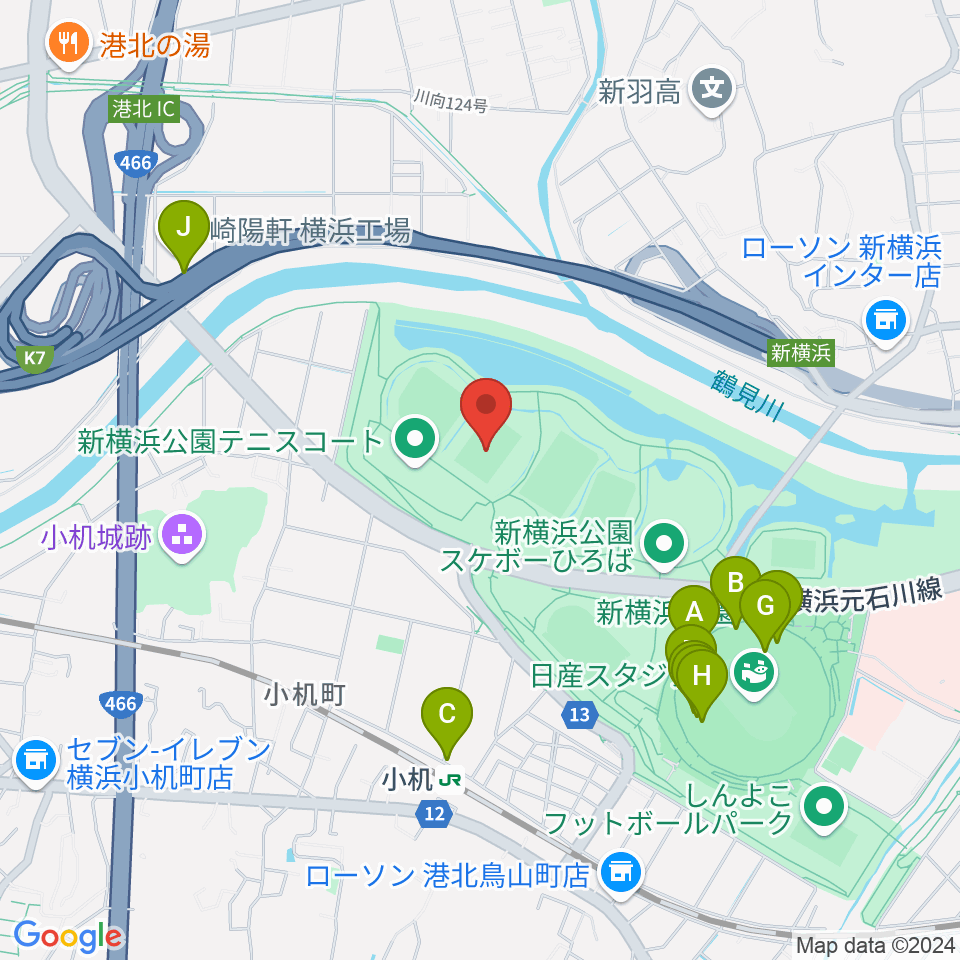  新横浜公園第1運動広場周辺のファミレス・ファーストフード一覧地図